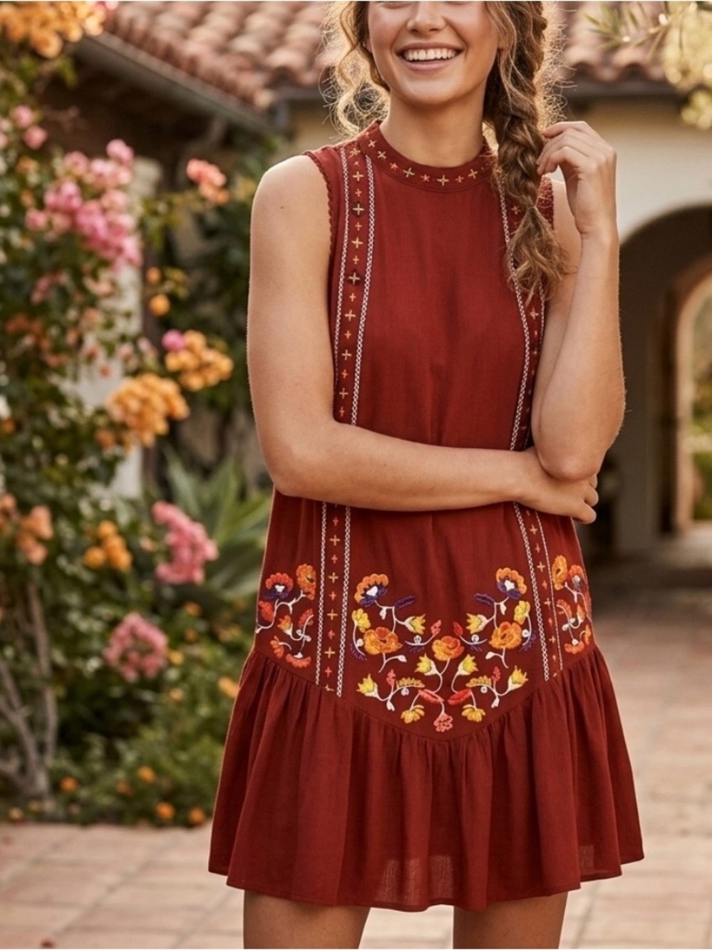 Boho Floral Embroidered Short Dress Sleeveless Gathered Hem Cottagecore